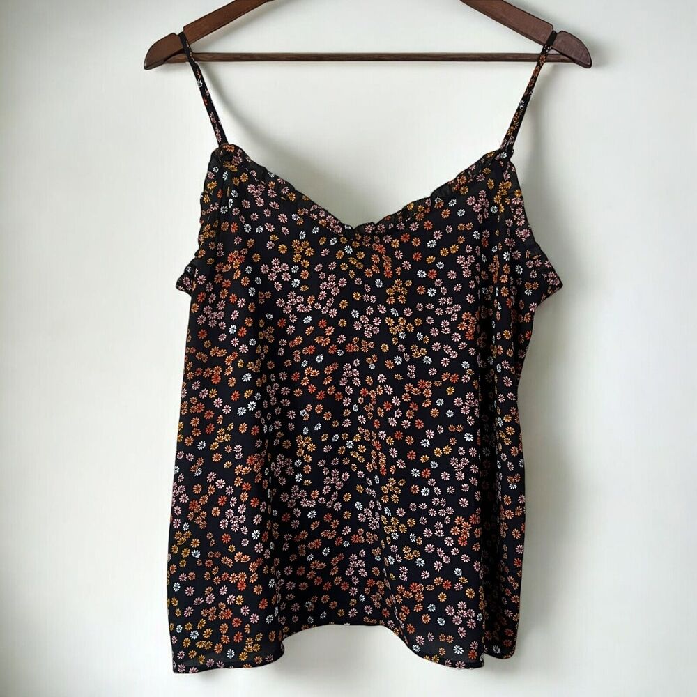 Loft Retro Floral Daisy Ruffle Adjustable Spaghetti Strap Navy Cami Size Small - Picture 3 of 11